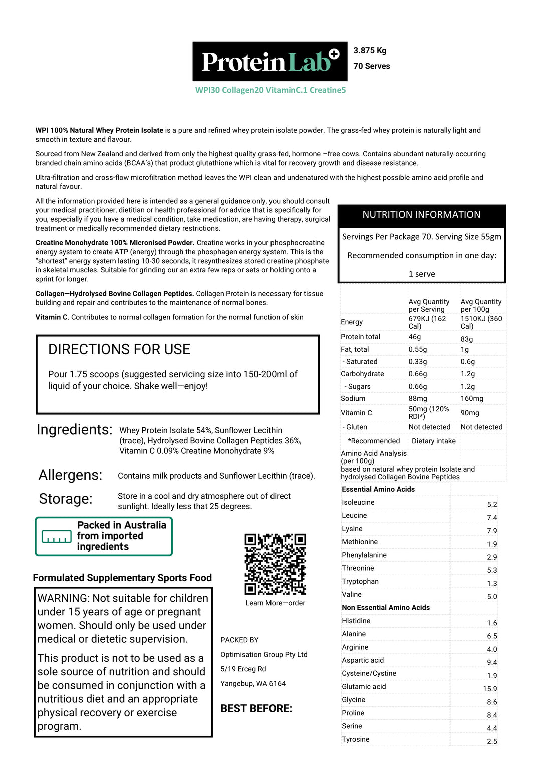 Moderate Exercise Intensity, Muscle Energy, Protein Blend WPI 30g Collagen 20g VitaminC.05g Creatine5g