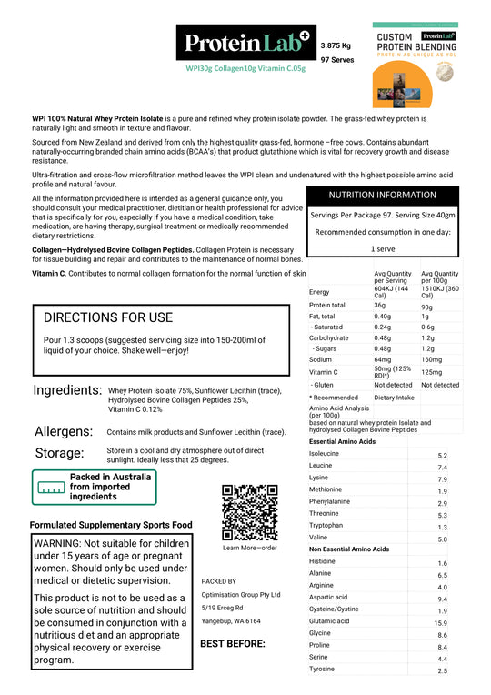 Moderate Exercise Intensity, Low to Moderate Joint Health, Protein Blend WPI 30g Collagen 10g VitaminC.05g