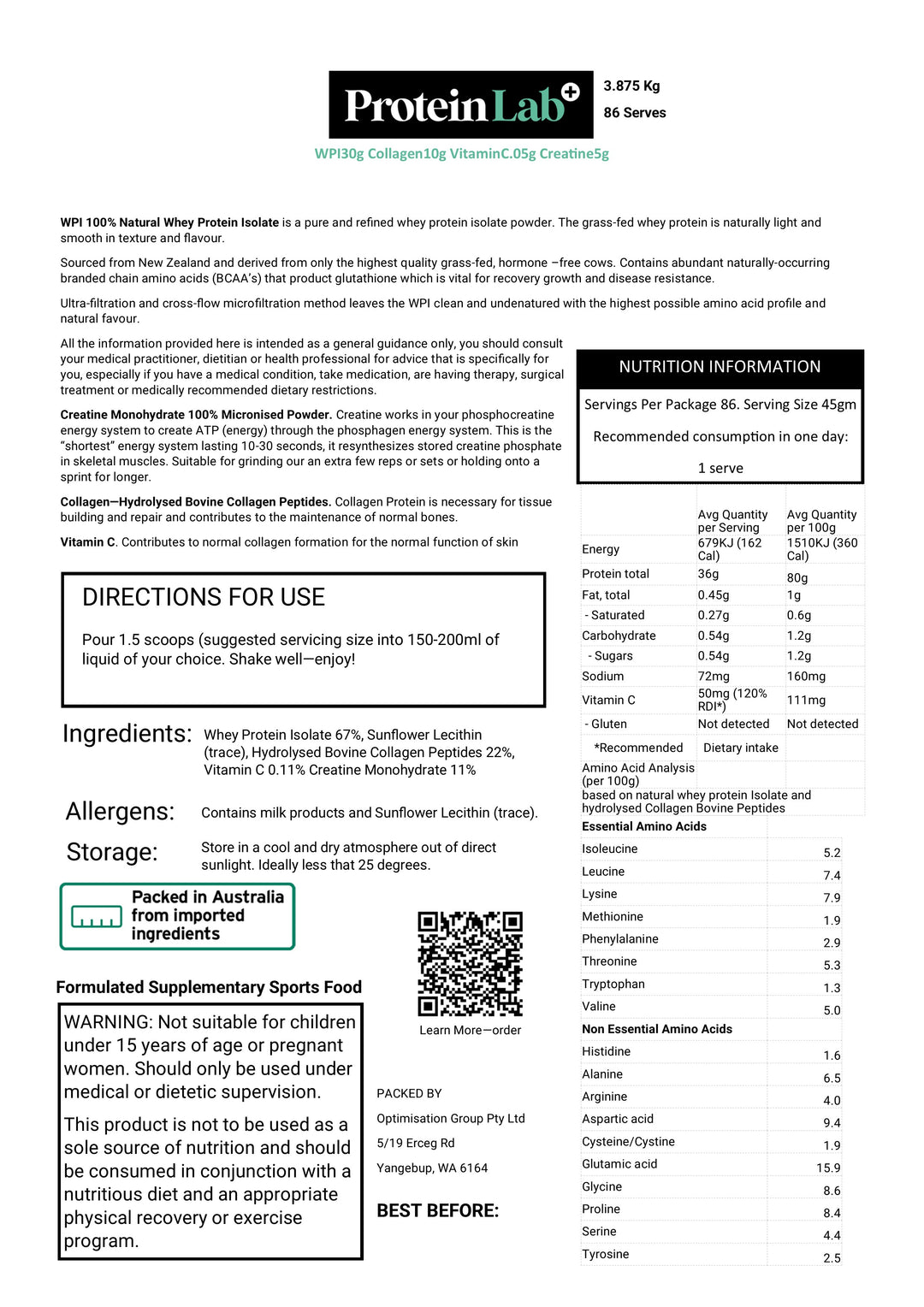 Moderate Exercise Intensity, Low to Moderate Joint Health, Muscle Energy, Protein Blend WPI 30g Collagen 10g VitaminC.05g Creatine 5g