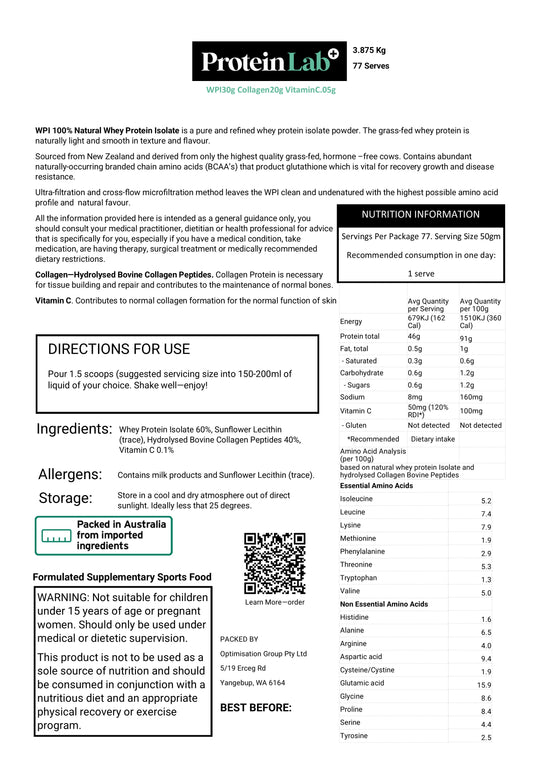 Moderate Exercise Intensity, High Joint Health, Protein Blend WPI 30g Collagen 20g Vitamin C.05g