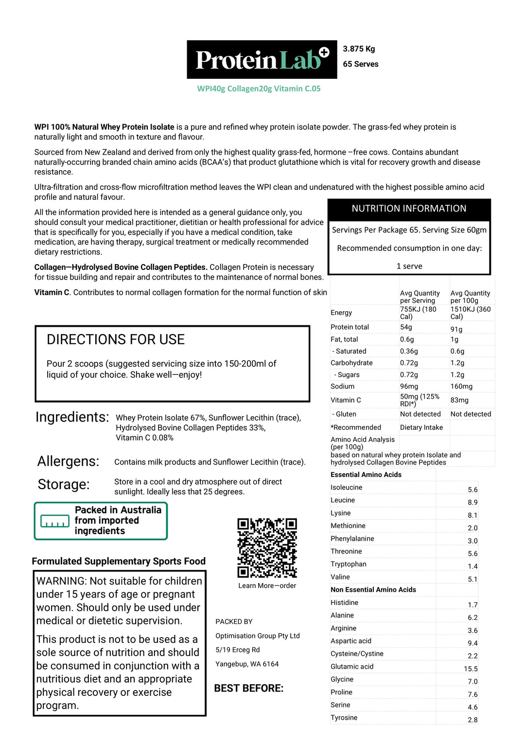 High Exercise Intensity, High Joint Health, Protein Blend WPI 40g Collagen 20g VitaminC 0.05g