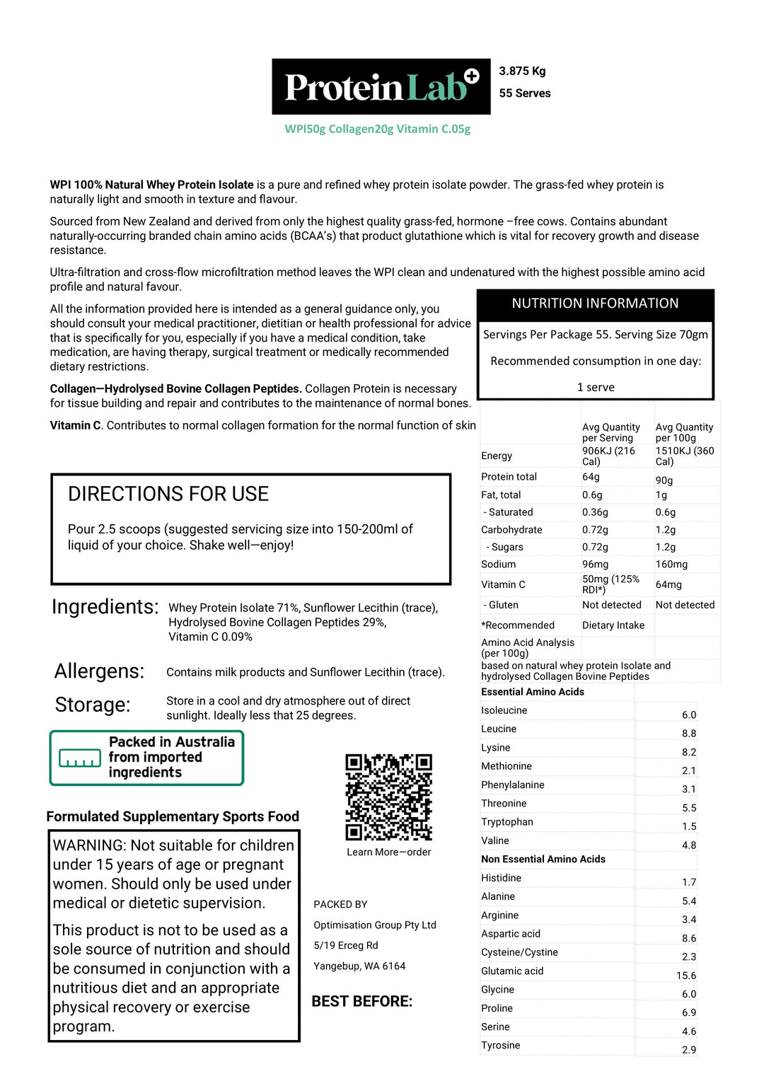 Extreme Exercise Intensity, High Joint Health, Protein Blend of WPI 50g Collagen 20g Vitamin C.05g
